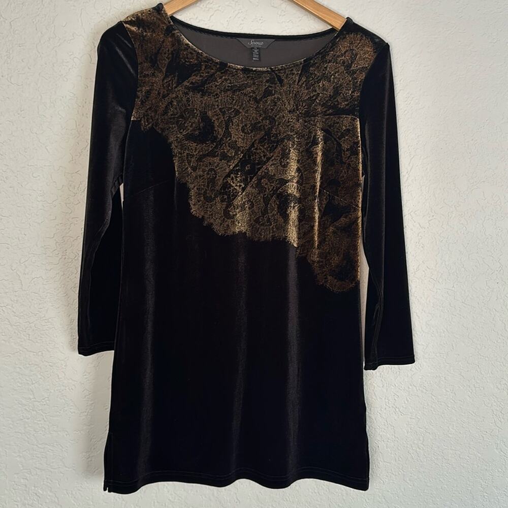 Soma Black Velvet Tunic Top Gold Metallic Print Stretchy Dark Goth Whimsigoth